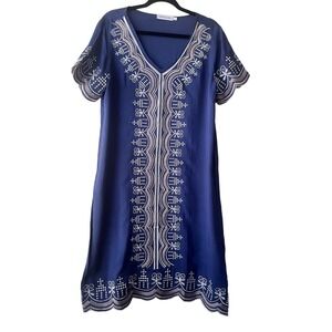 Misslook Embroidered Shift Dress Womens Blue V-Neck Scalloped Hem Size L‎
